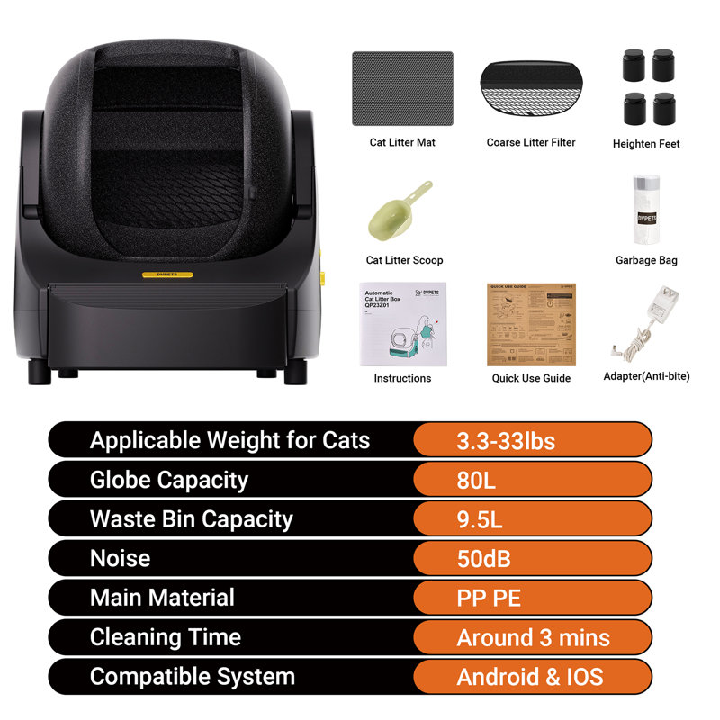 Bac à litière autonettoyant pour chat Dvpets, Noir, noir, noir, noir