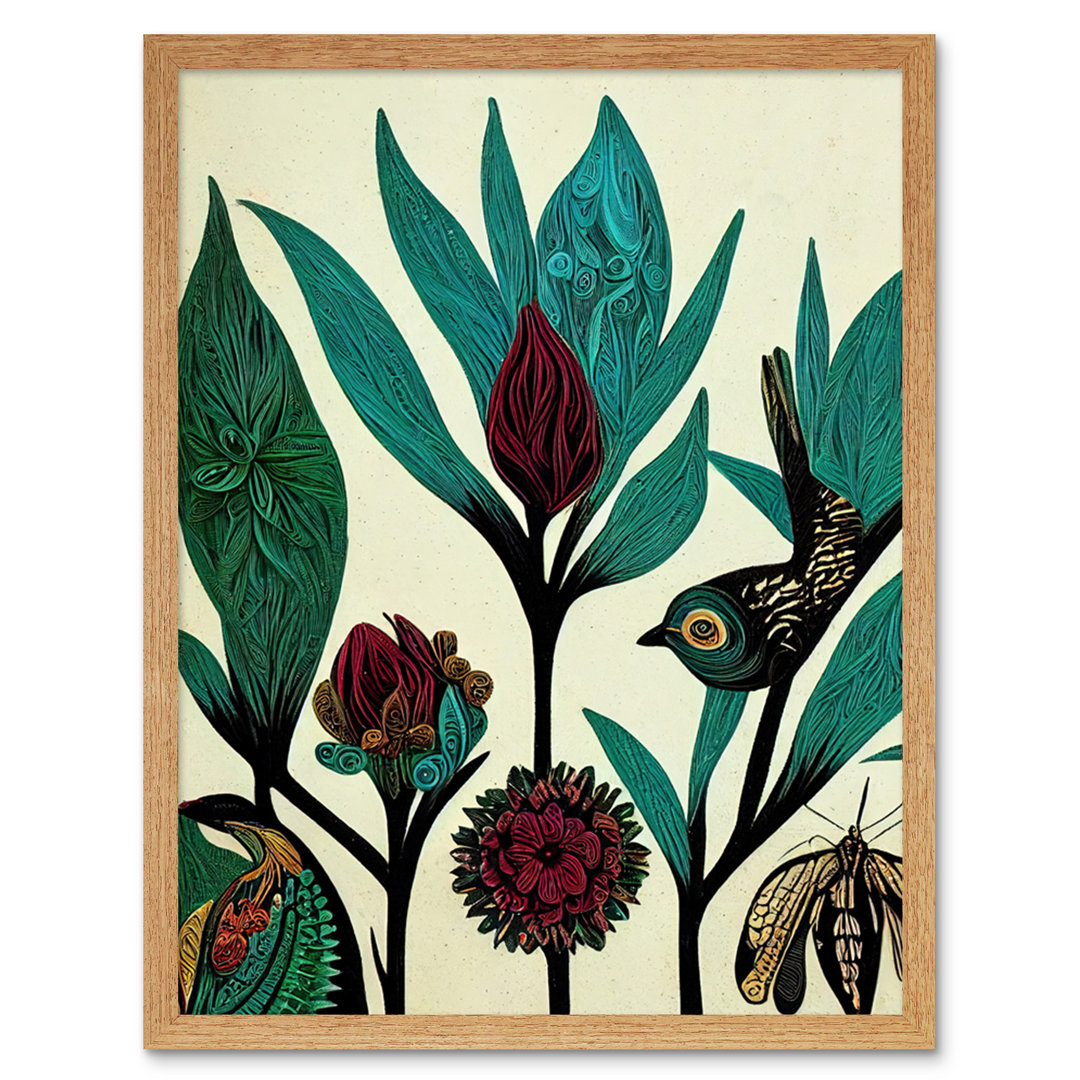 Abstract Folk Leaves Flowers Birds Vintage - Print