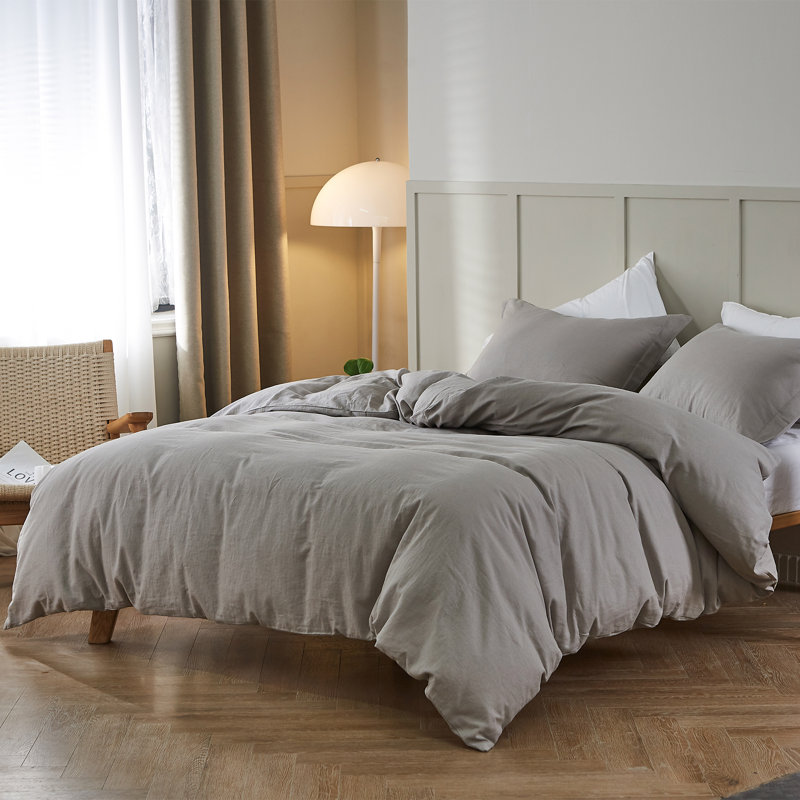 Ensemble de housse de couette en lin , Housse de couette pour lit simple + 1 taie d'oreil, Gris