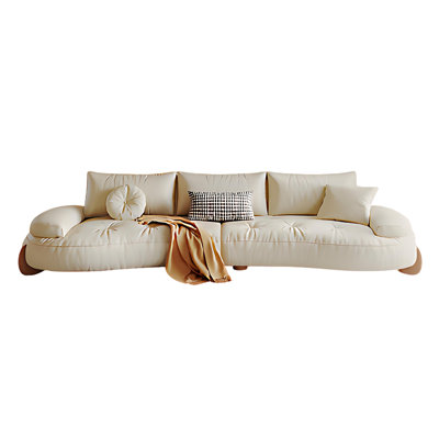 French Cream Style Off-White Leather Curved Sofa, Large Seating Depth Straight Sofa for Home
