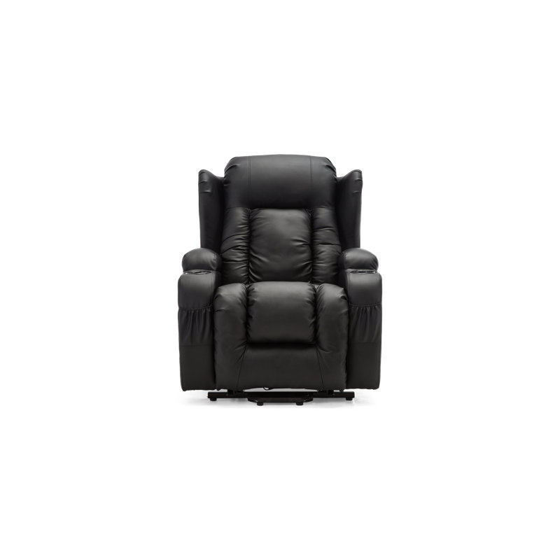 Wing Back Bonded Leather Lift Assist Rise Recliner Chair Armchair with Heat & Massage, Black, Dual Motor Lift Assist