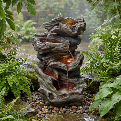 Outdoor/Indoor Rustic Water Fountain with LED Light, Multi-Tier Resin Tabletop Waterfall for Home & Office