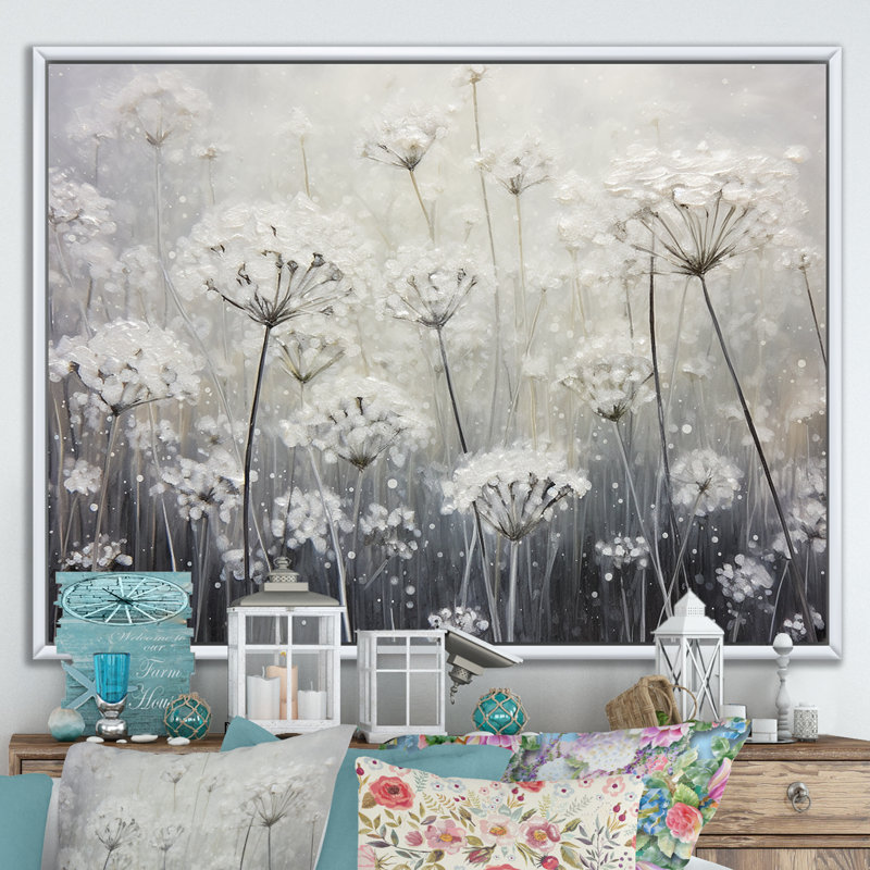 Champ floral opalescent brumeux I, Cadre flottant blanc, H 24 po x l 32 po x P 1,5 po