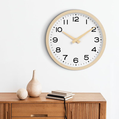 14 Inch Wall Clock, Silent Battery Operated Analog Clock, Natural