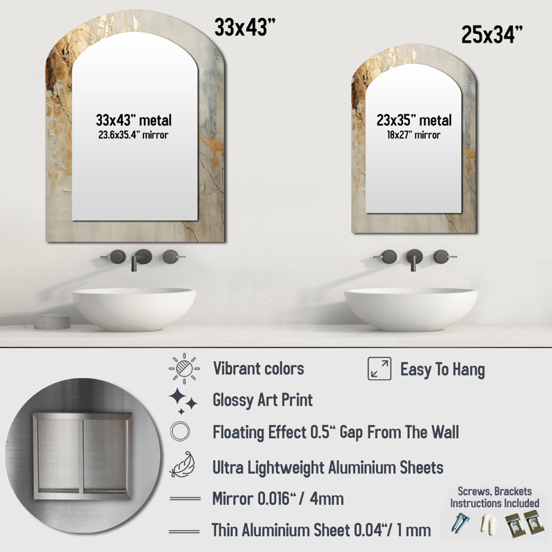 Beige et or marbre clair VI - formes abstraites, miroir décoratif asymétrique, 34 po x 25 po