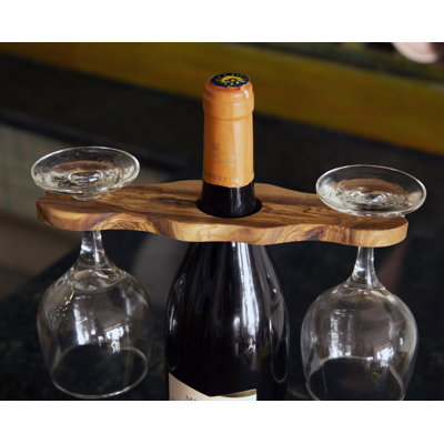 Kitchenware Wine Bottle & Glass Holder – Handmade Mediterranean Olive Wood Caddy Holds Bottle + 2 Glasses