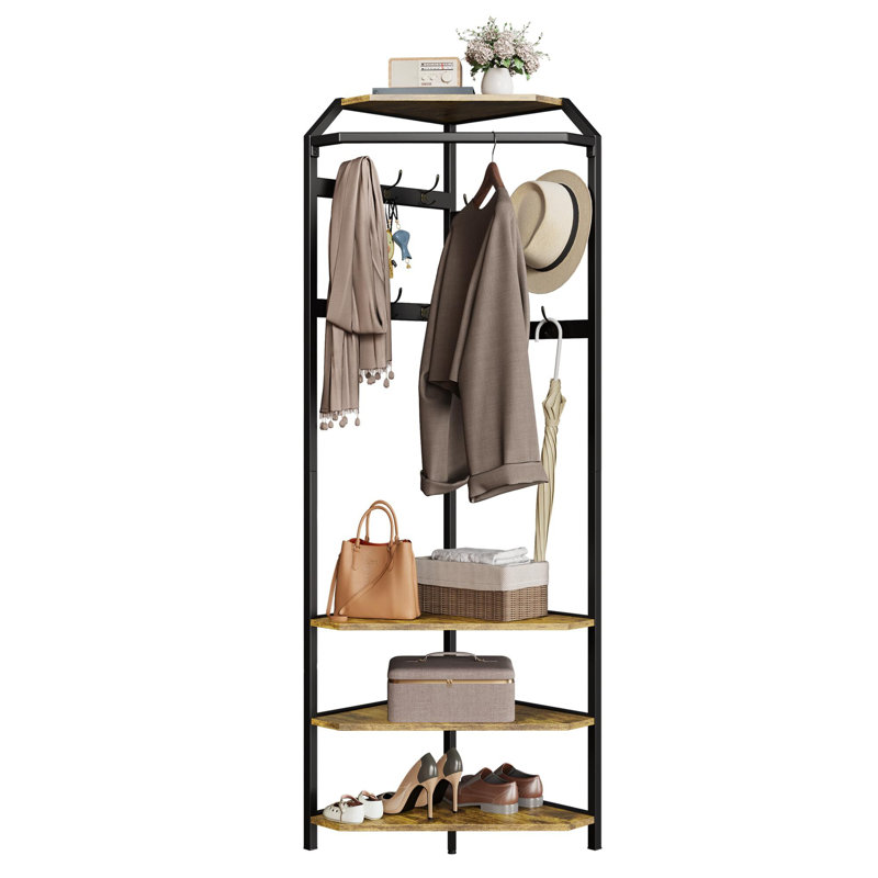 Corner Coat Rack With Shoe Bench and 6 Double Hooks, Corner Hall Tree - Clothes Rack With Storage Hall Tree With Organizer Shelf for Entryway, Hallway, Closet