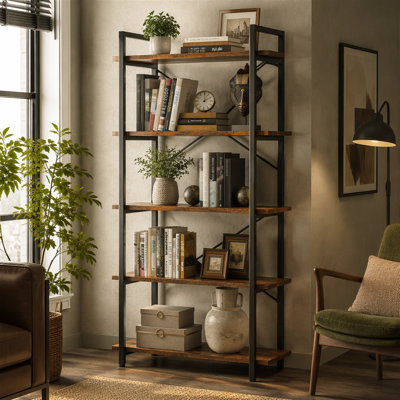 63" Tall  5-Tier Rustic Brown Industrial Metal Bookshelf Unit For Living Room, Office & Kitchen