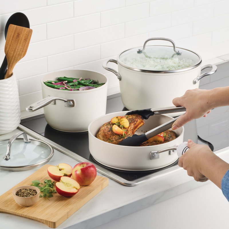 Kitchenaid Hard-Anodized Ceramic Induction Cookware Set, 10 Piece, Agave, White