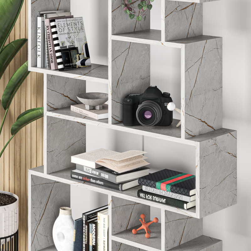 Sandra Bookcase | Asymmetric Freestanding Bookcase with 10 Compartments, Grey