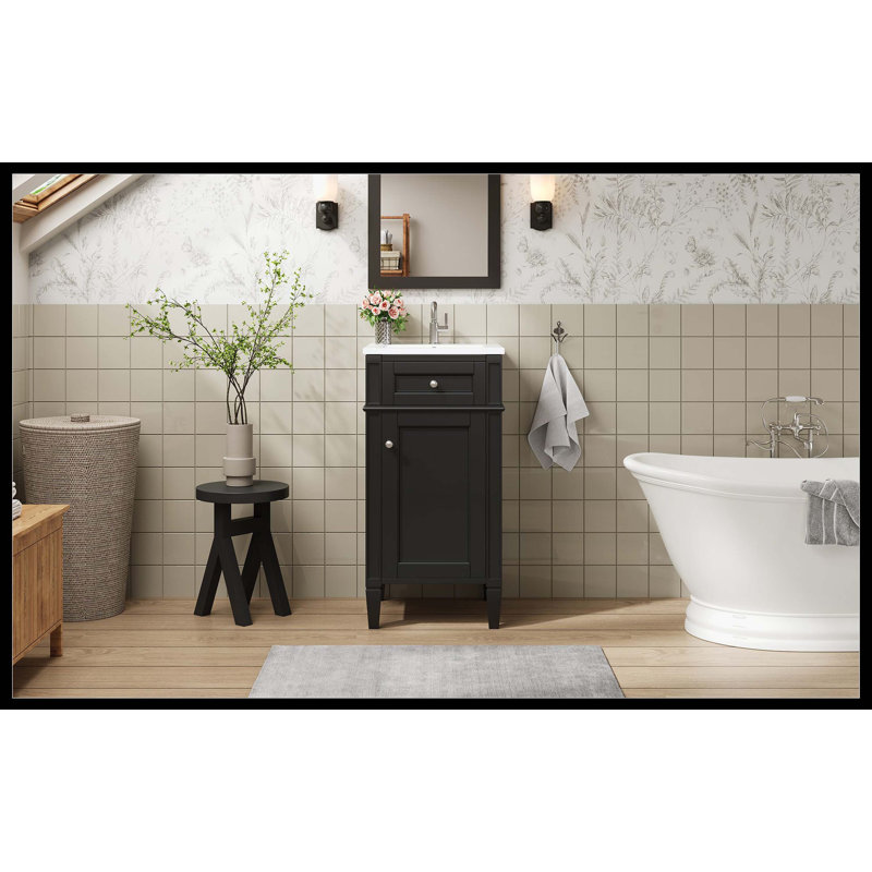 Meuble-lavabo autoportant de 16 po de style français avec lavabo en céramique, armoire simple avec porte à fermeture douce, tablette réglable et pieds pleins, noir