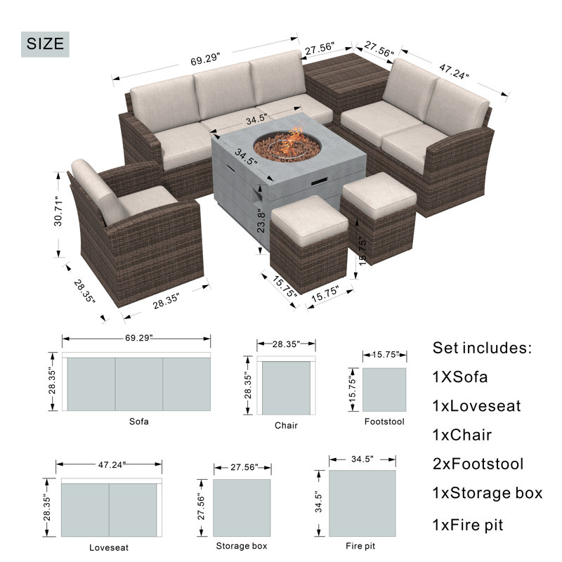 7-Piece Rattan Patio Sectional Sofa Set With Fire Pit Table