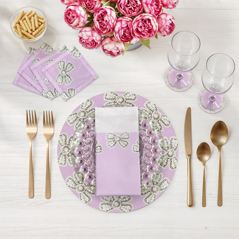 Pearl Bow Vegan Leather Round Pebble Placemat, Lilac
