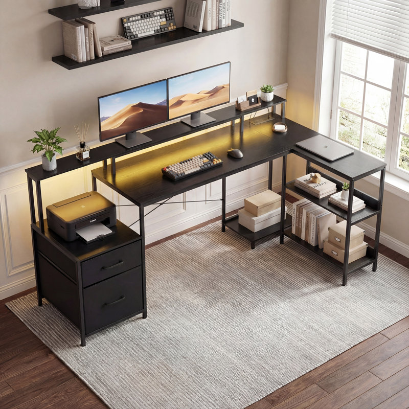 Reversible LED L-Shaped Black Desk with Storage and Power Outlet, Black