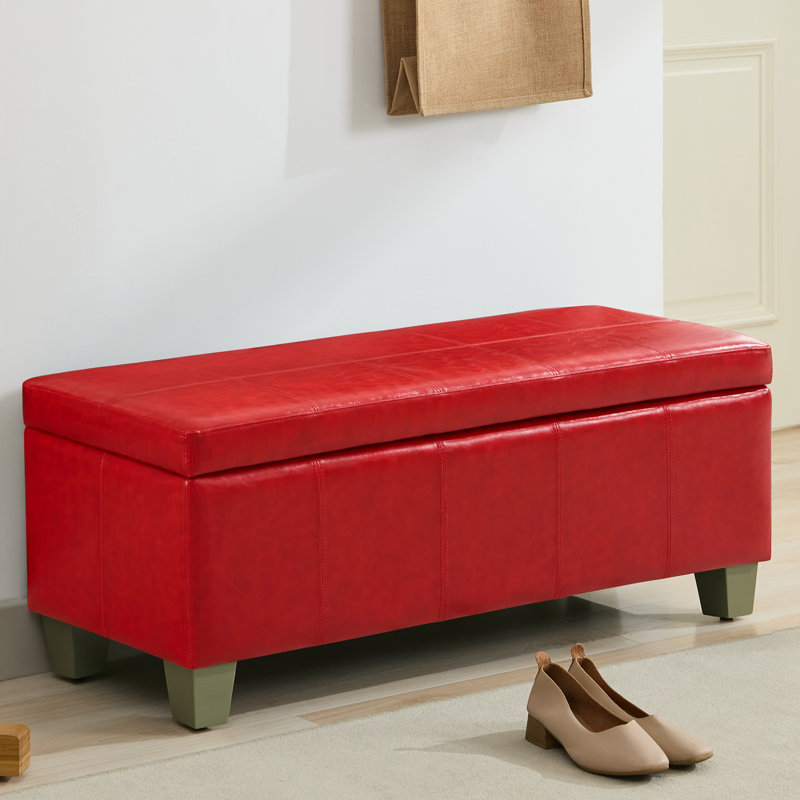 51" Wide Faux Leather Upholstered Storage Bench, Red, 16.5" H x 51" W x 17.3" D