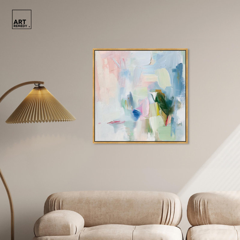 «Verdant Breeze Over White», art coloré moderne par Art Remedy, H 31 po x l 31 po x P 1,8 po, Cadre flottant doré