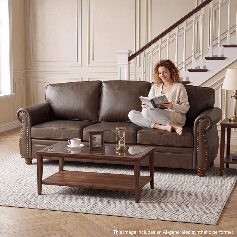 Vintage Living Room Standard Couch, 89" Traditional Upholstered Nailhead Trim 3-seater Sofas & Couches With Rolled Arms And Wood Legs For Farmhouse, Apartment, Faux Leather