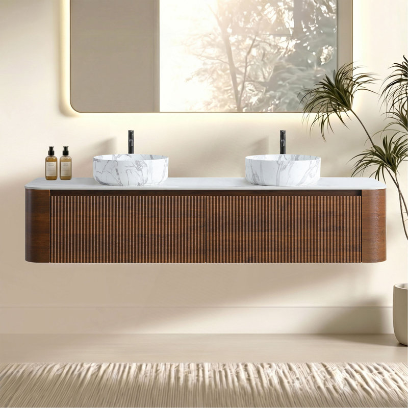 Meuble-lavabo Erba de 72 pouces avec lavabo, armoire murale avec porte-serviettes offert, lavabo double en céramique de Carrare, sans bonde ni robinet, préassemblé