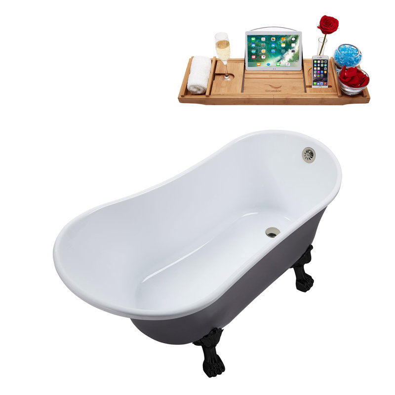 55" Streamline Clawfoot Soaking Acrylic Bathtub With Drain, Clawfeet, and Bamboo Tray, Brushed Nickel, Matte Black