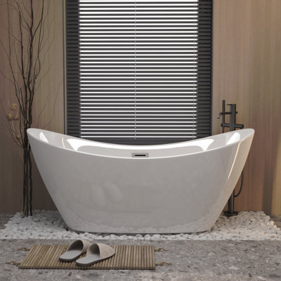 Baignoire autoportante 59 po en acrylique blanc brillant avec trop-plein chromé et bonde escamotable