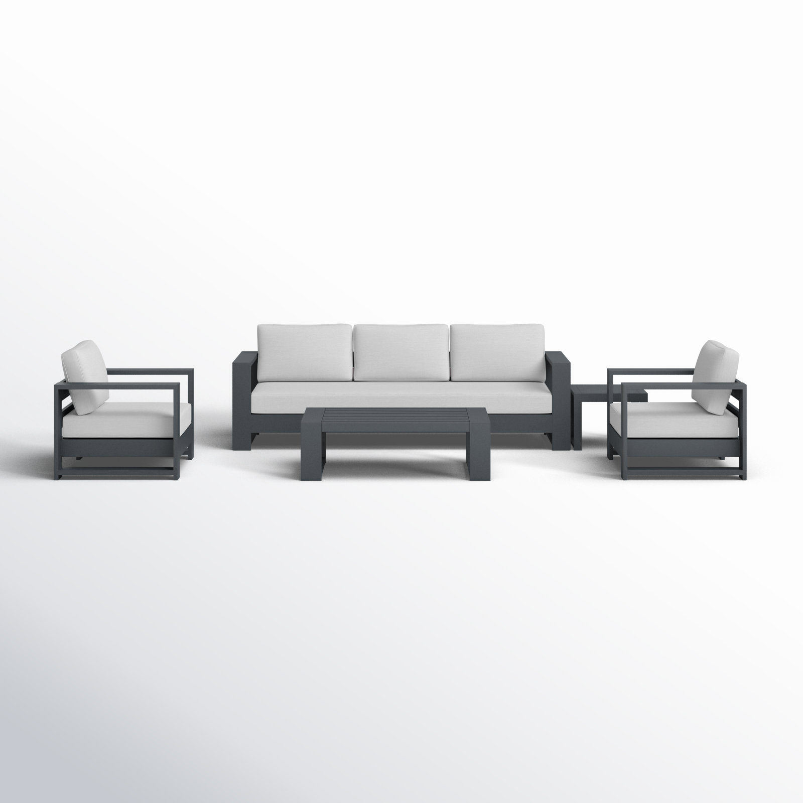 Hoyt Outdoor Aluminum Conversation Set with End Table, 5 Pcs: Coffee Table, End Table, 1 Sofa, 2 Chairs, Light Gray
