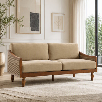 Canapé Mid-Century 3 places avec accoudoirs en rotin et tissu chenille doux