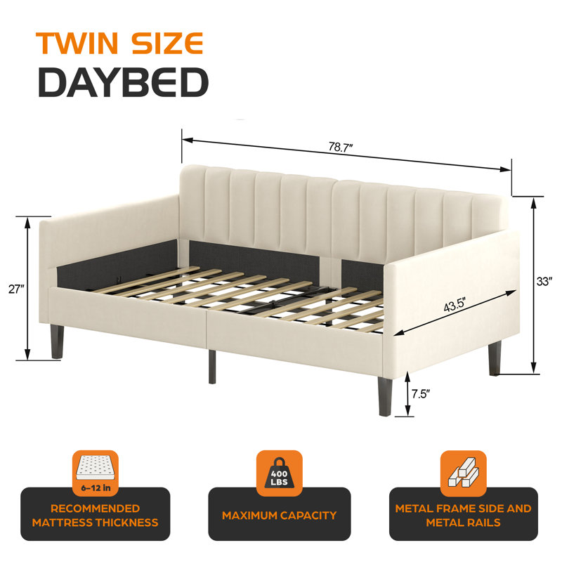 Beige Velvet Upholstered Twin Daybed with Tufted Back and Metal Frame