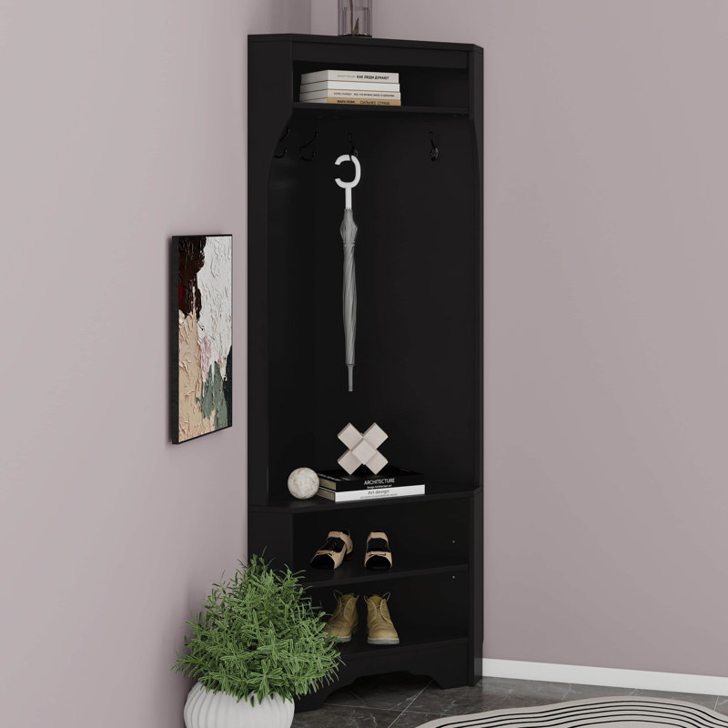 Portemanteau avec banc à chaussures, portemanteau polyvalent avec 4 crochets, armoire d'angle avec tablette réglable, Noir