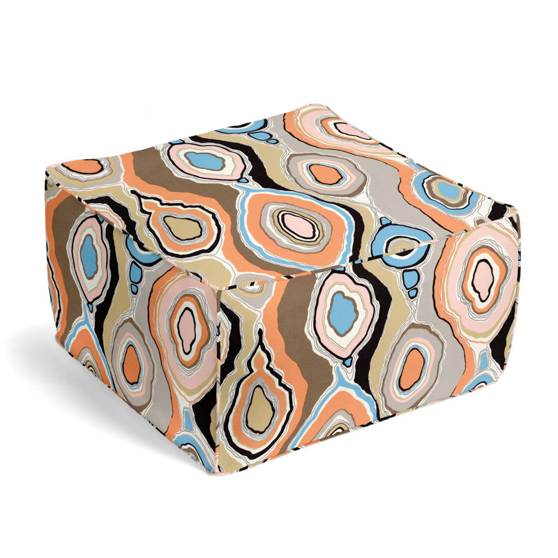 Upholstered Pouf, Blue/Brown/Coral 100% Cotton