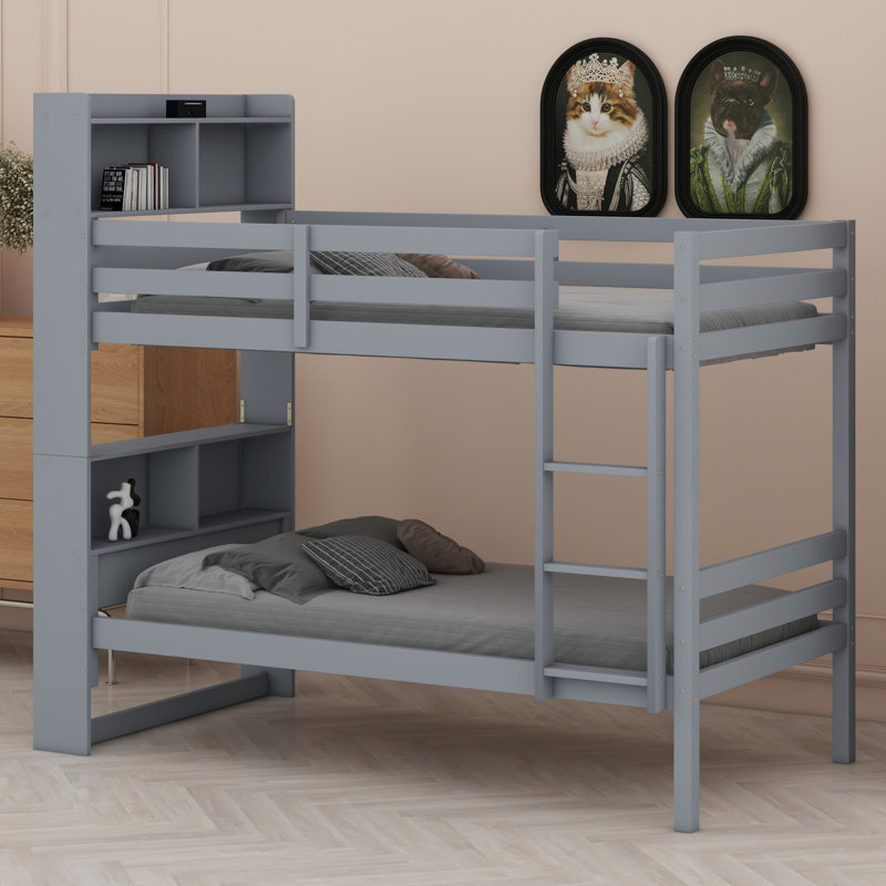 Lit en bois avec tête de lit à tablettes, garde-corps et échelle convertibles en 2 lits, Gris