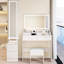 Miroirs doubles à DEL, table de coiffeuse réglable en 3 couleurs et réglable en luminosité, rangement multicouche + tabouret rembourré pour armoire pleine grandeur, conception américaine, blanc avec table de commande tactile avec