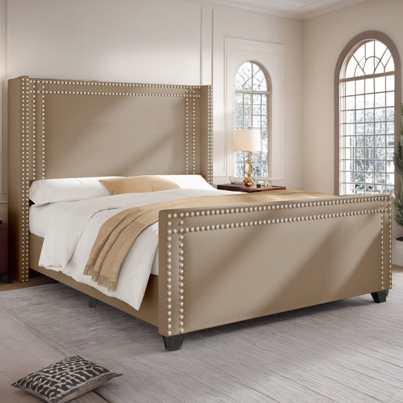 Queen Brown Chenille Upholstered Bed with Nailhead Trim