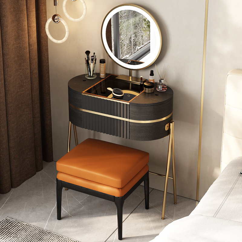 Dressing Table with Mirror, Gold/Black Brown