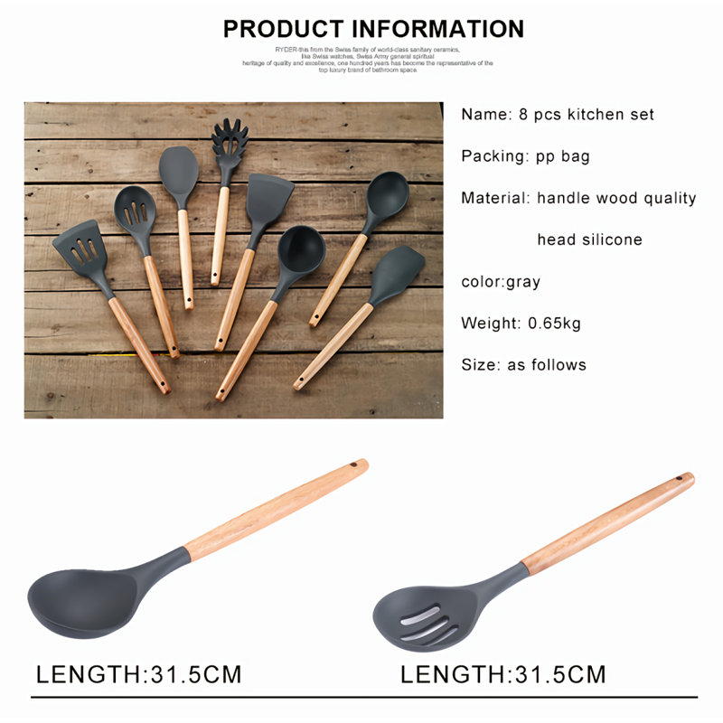 Ensemble de 8 ustensiles en silicone à poignée en bois Spatule résistante à la chaleur Cuillère à soupe antiadhésive Outils de cuisine spéciaux