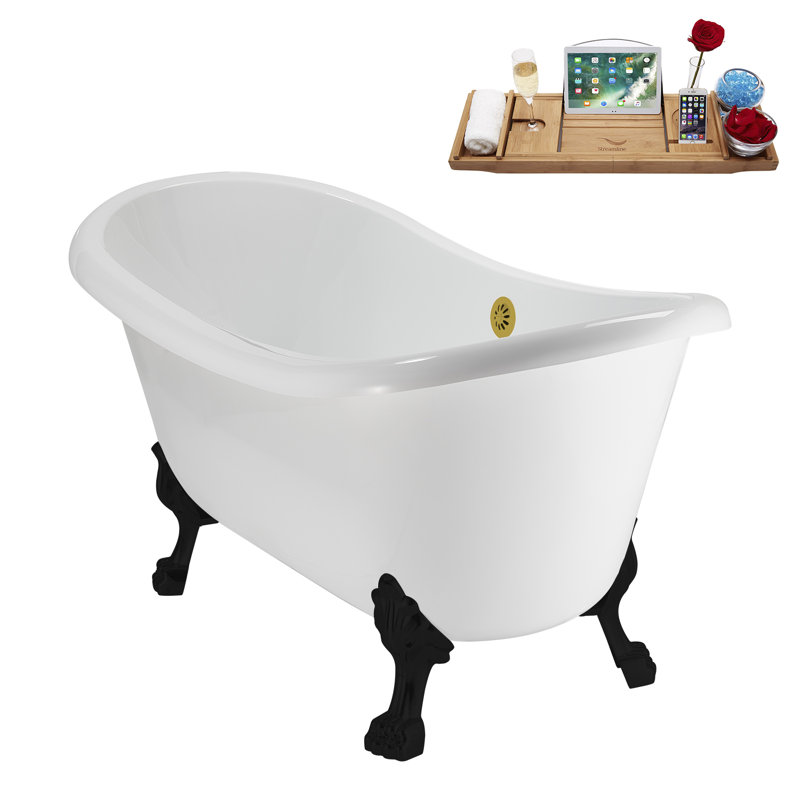 59" Streamline Clawfoot Tub,Tray,Drain, Clawfeet, Matte Black, Brushed Gold