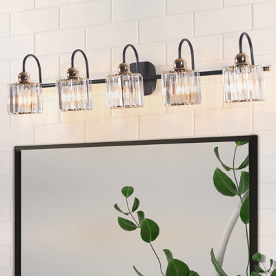 Éclairage pour salle de bain 5 lumières avec abat-jour en cristal cannelé, applique murale noir mat
