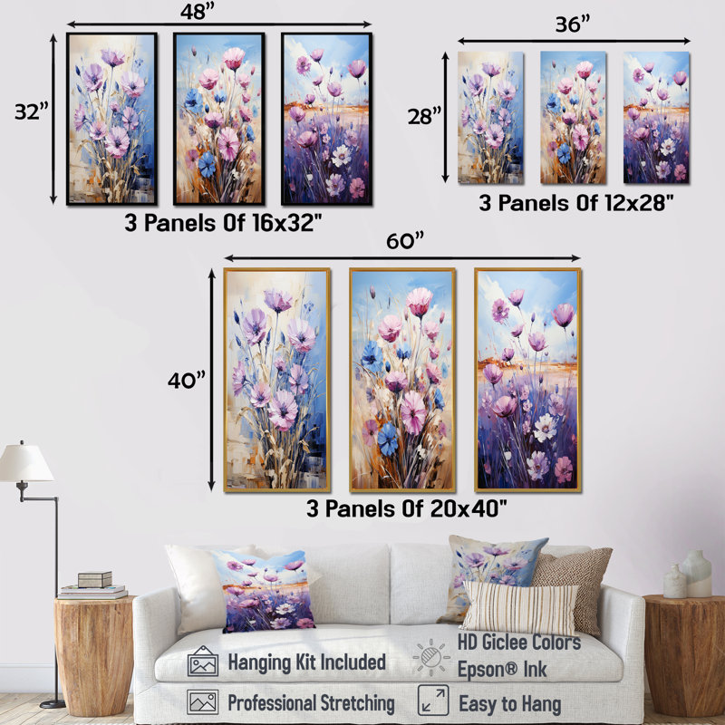 Bleu et mauve, champ de Fauvist - ensemble de 4 impressions sur toile, Cadre flottant noir, H 32 po x l 48 po