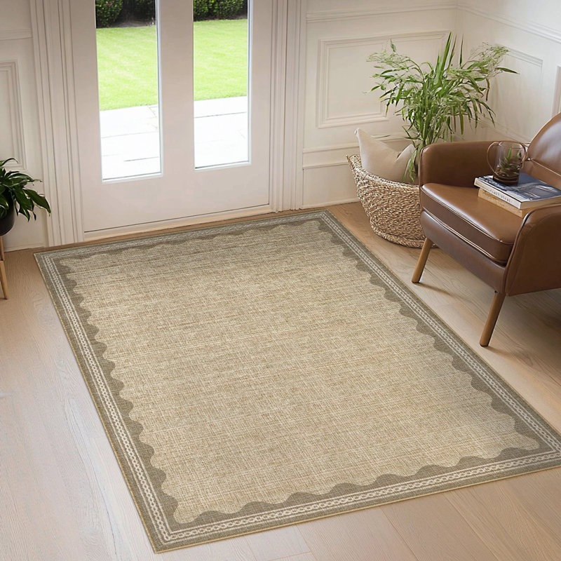 Tapis festonné et lavable pour tapis de chambre à coucher moderne, Beige, Rectangle 9 pi x 12 pi