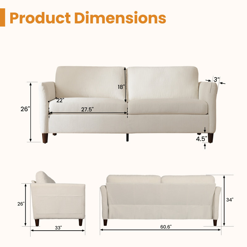 Corduroy Upholstered Sofa With Side Pockets, Solid Wood Legs And Anti-Slip Pads, Beige Corduroy, 34" H x 60.6" W x 33" D