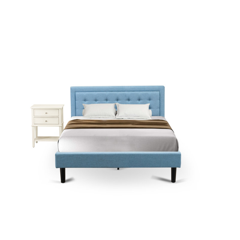 Ensemble de lit plateforme 2 pièces pour lit Queen comprenant un cadre de lit Queen en bois et une table de chevet - Fabrication fiable et robuste - Tissu en lin bleu denim