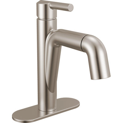 Nicoli Pull Down Bathroom Faucet with Sprayer, Brushed Nickel Single Hole Bathroom Sink Faucet with Pull Out Sprayer for Vanity, Push-Pop Drain, Stainless