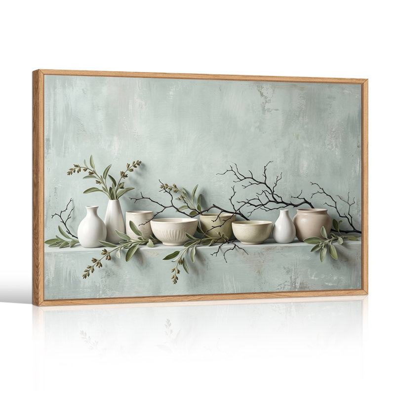 Art mural sur toile, vases et bols en céramique avec branches de sauge sur menthe, H 36 po x l 48 po