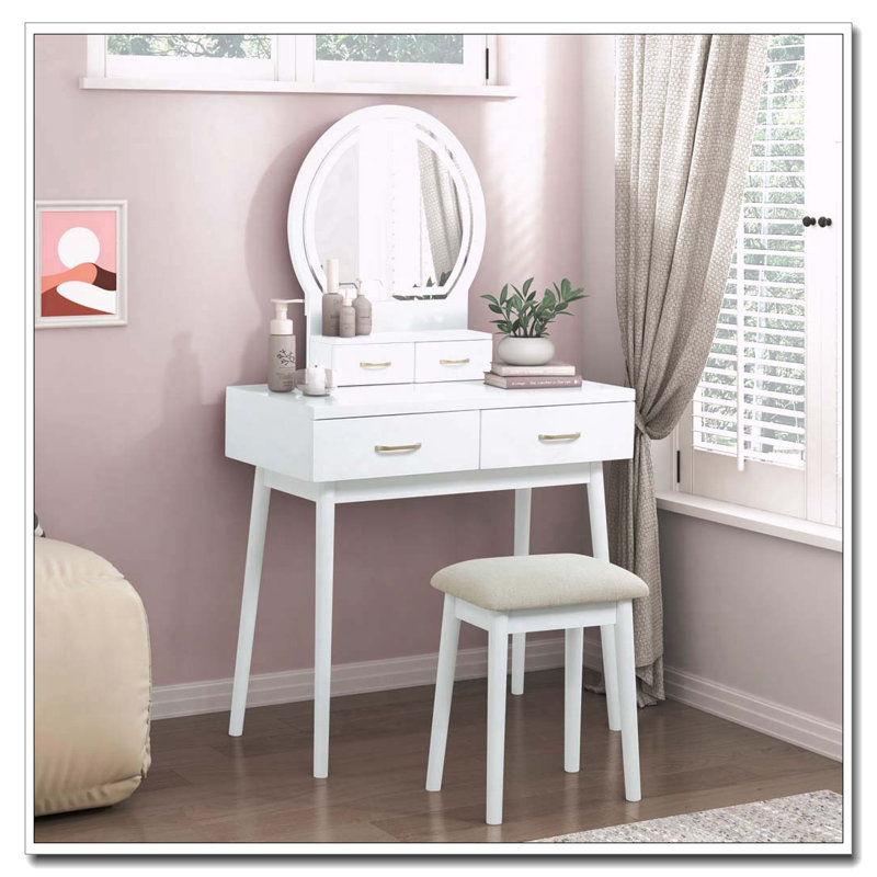 White Finish Vanity Dresser with LED Mirror, 4 Drawers and Stool, White