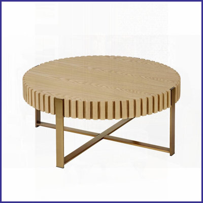 Table basse ronde 31,5 po en frêne naturel pour le salon, piédestal en acier inoxydable - Gain de place et amp; Facile à nettoyer
