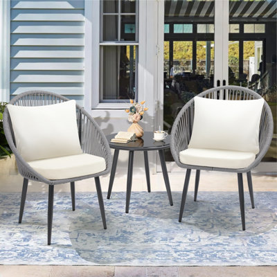 3-Piece All-Weather Woven Rope Bistro Set with Cushions & Side Table – Ideal for Patio, Deck, Balcony, Poolside