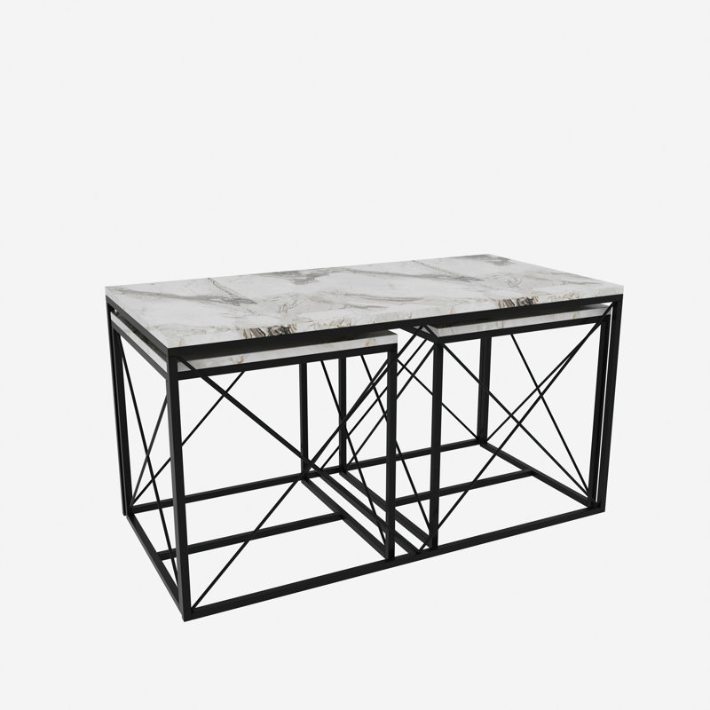 Modern Coffee Table Set (3 Pieces), White Marble & Black, Larger Table: 39.4 x 20.5 x 19.7 inches | Smaller Tables: 17.7 x 20.5 x 17.7 inches | 100% Melamine Coated Particle Board, Metal Legs | Stylish Industrial Design for Living Room