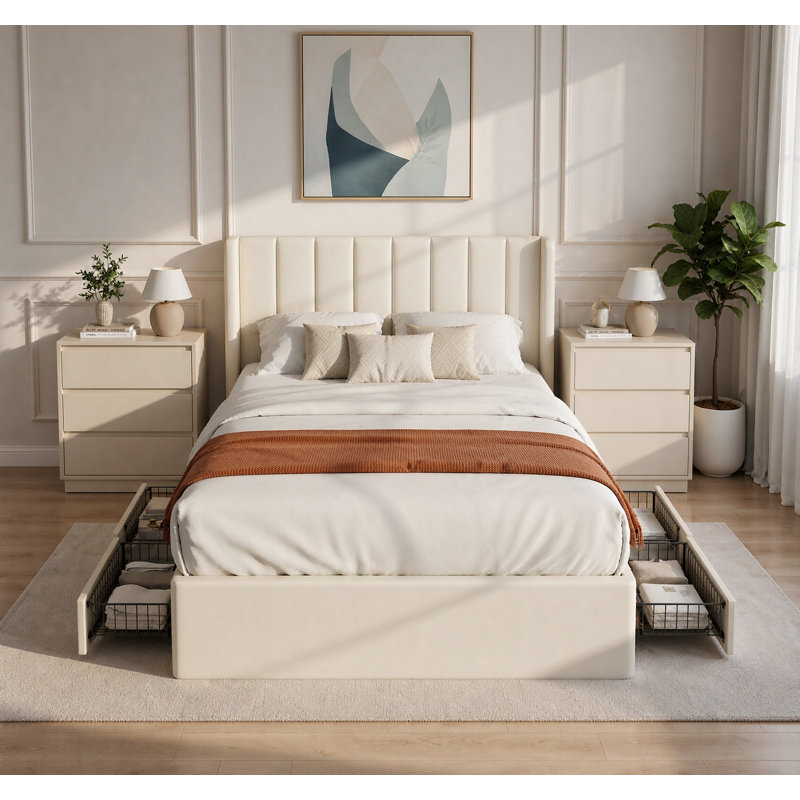Ensemble de chambre 3 pièces comprenant un lit king-size capitonné en chenille avec 4 tiroirs et des tables de chevet avec éclairage DEL et station de recharge.