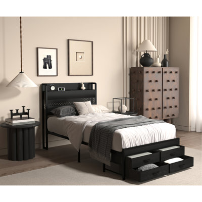 Lit simple avec rangement et métal stable - 16 choix de DEL avec cadre noir