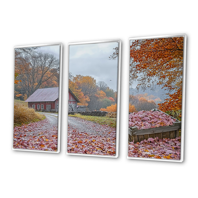 «Red Farm Landscape Autumn Harvest - Ensemble de salon d'art mural de ferme, Toile encadrée flottée blanche