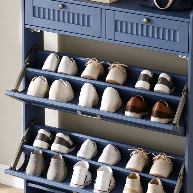 Foyer Shoe Storage Console with 2 Flip Drawers & 2 Utility Drawers | Contemporary Ribbed-Front Shoe Cabinet with Adjustable Shelves | Space-Saving Hidden Shoe Rack Cabinet for Corridor & Entry Hall